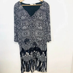 Mile Gabrielle Midi Dress 3X Black Geometric Stretch Overlay‎ Career Office